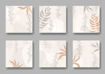 Set of six vector square backgrounds with abstract forms and leaves ornament