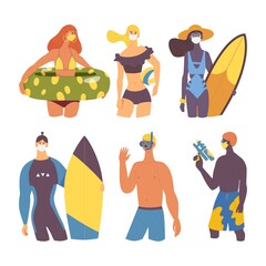 Vacation people during covid-19 pandemic isolated on white. Vector young characters set during summer activities