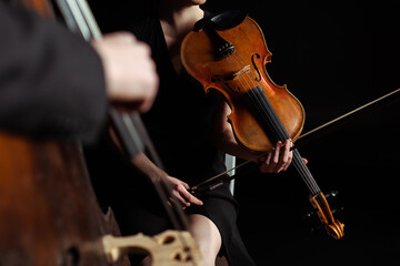 partial view of professional musicians playing on violin and double bass on dark stage, selective focus