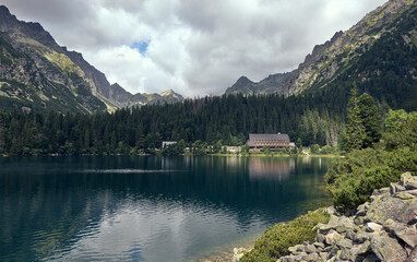 Photograph of a house and a lake in the Tatra Mountains, Slovakia.