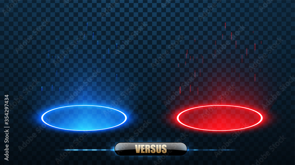 Poster VS Versus Blue and red Futuristic design. Round blue,red glow rays night scene with sparks on transparent background. Empty light effect podium. Vector illustration