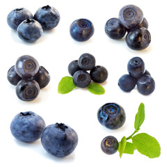 Collection set of Blueberry isolated on white background in variety of views.