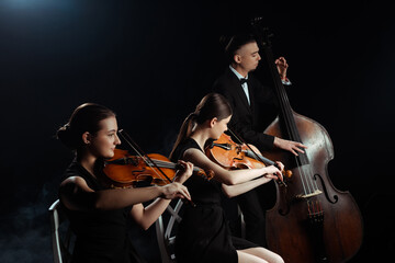 professional musicians playing on double bass and violins isolated on black