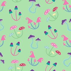 magic colourful psychedelic mushroom on a green background seamless pattern hippie psilocybin retro vector - 354298284