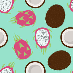 sweet whole coconut and dragon fruit tropical summer exotic fruit brown white pink green pitaya pattern on a turquoise background seamless vector - 354298447