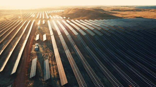 At sunset aerial view of solar panels stand in a row in the fields green energy landscape electrical power ecology innovation nature environment slow motion