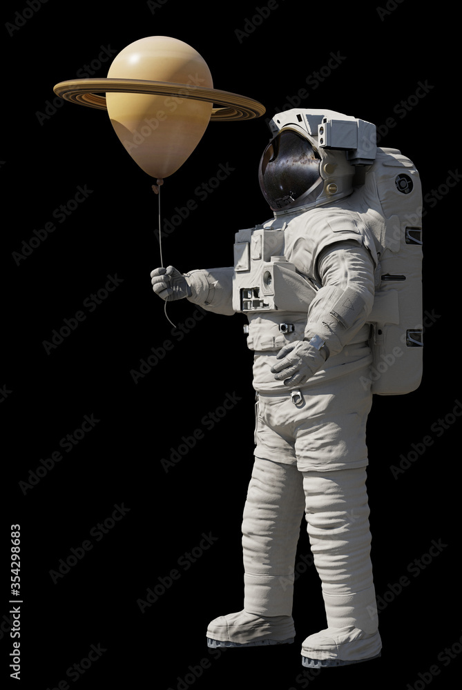 Canvas Prints astronaut with planet saturn balloon isolated on black background