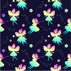 rainbow fairy silhouettes and flowers. Vector pattern. Magic background