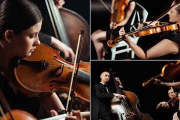 collage with trio of professional musicians playing on violins and contrabass on dark stage