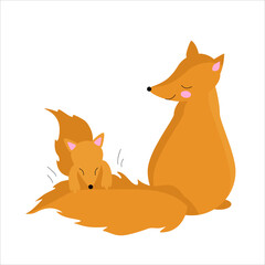 WebMother Fox and baby Fox. A fox bites while playing by the tail. Vector illustration for children. Wild animals.