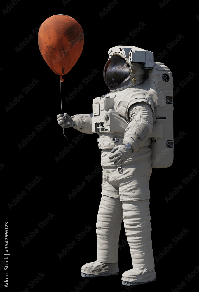 Wall mural astronaut with planet Mars balloon isolated on black background