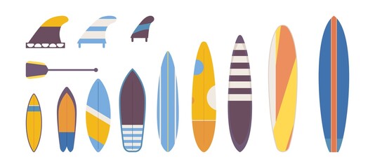Set of flat surfboards for adults, children vector. Different types and variations of shape, length and coloring