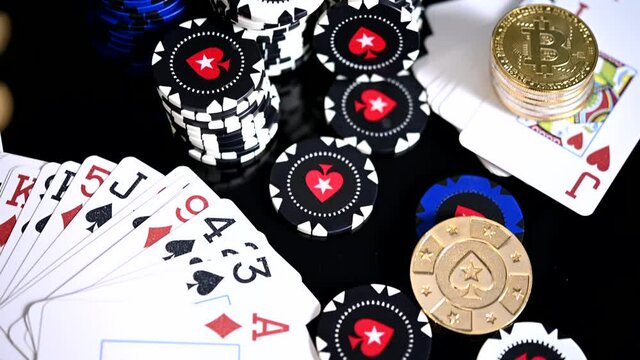 Casino Theme Scene With Set Of Dealt Cards Pile Of Poker Tokens And Small Stack Off Golden Bitcoins. 