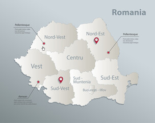 Romania map, administrative division with names, blue white card paper 3D vector