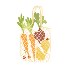Canvas bag with fruits and vegetables. Zero waste. Ecological consumption, healthy food. Cartoon style