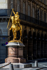 Paris, France - May 29, 2020: Statue of Joan of Arc (Jeanne d'Arc) on Place Pyramides in Paris. Joan of Arc, "The Maid of Orleans", is a folk heroine of France and a Roman Catholic saint