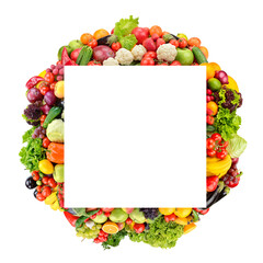 Square fruit and vegetable frame isolated on white background.