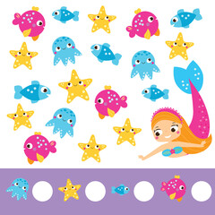 Mathematics educational children game. Study counting, numbers, addition. help mermaid count fish