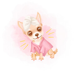 Watercolor closeup portrait of chihuahua dog isolated on pink background. funny dog posing on dog show. Hand drawn sweet home pet. Popular toy smallest dog. Greeting card design clip art illustration