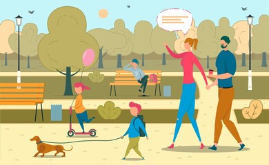 Parent with Kid, Dog Walking in Park Lifestyle