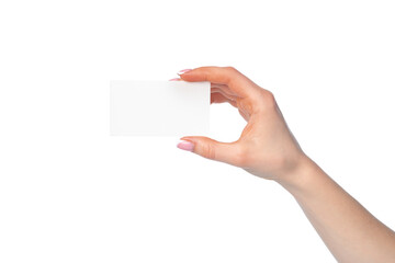 Beautiful female hand holding white business card on white background