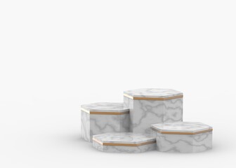 3d white gray hexagon marble and gold podium minimal studio background. Abstract 3d geometric shape luxury object illustration render. Display for cosmetics and beauty fashion product.