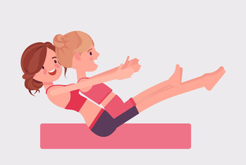 Family yoga, yogi mother and daughter in sport wear practicing yoga, doing boat balance pose, Paripurna, Navasana exercise, yogic practice together. Vector flat style cartoon illustration, side view