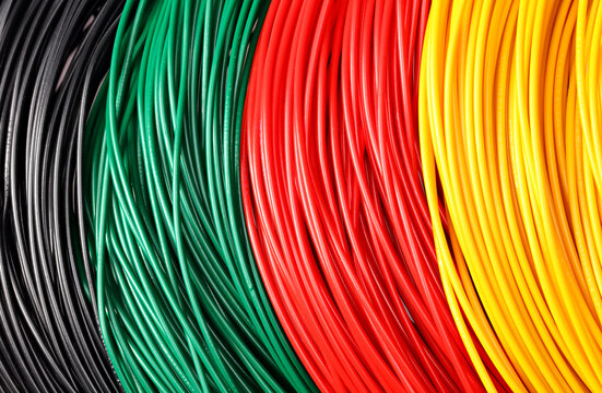 Electric Cable Background. Electrical Wire Texture. Black Green Red Yellow