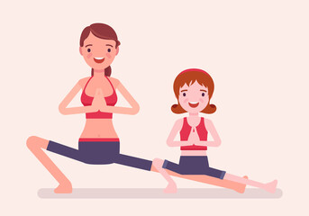 Obraz na płótnie Canvas Family yoga, young happy yogi mother and daughter in sports wear practicing workout, doing fitness pose, stretch exercise for yogic practice together. Vector flat style cartoon illustration, side view