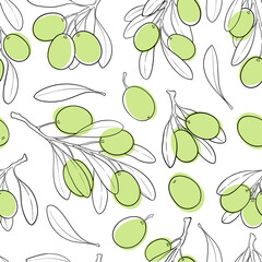 seamless patten black and white sketch outline and green stain shape Olive branch with leaves and olives. design for restaurant, cafe, menu, organic cosmetic with olive oil. Vector illustration.
