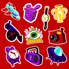Sticker pack include: gun, camera, watch, eye, space rocket, gift, cup, UFO.