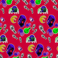 Seamless pattern. Wizard, ghosts, potion. 