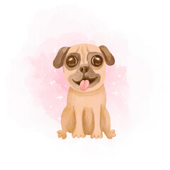Watercolor portrait of cute Pug breed dog, Mops, Chinese pug, Dutch bulldog, Dutch mastiff, Mini mastiff. .Cute illustration on white background isolated. High quality illustration