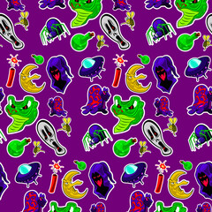 Seamless holiday pattern, including: snake, ghost, turtle, bee, moon, dynamite, potion, ufo
