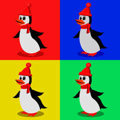 Cartoon character penguin in a hat and scarf