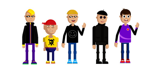 5 cartoon characters: dude, pirate, punk, artist, schoolboy.