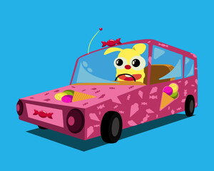 Cartoon character rabbit rides in a car