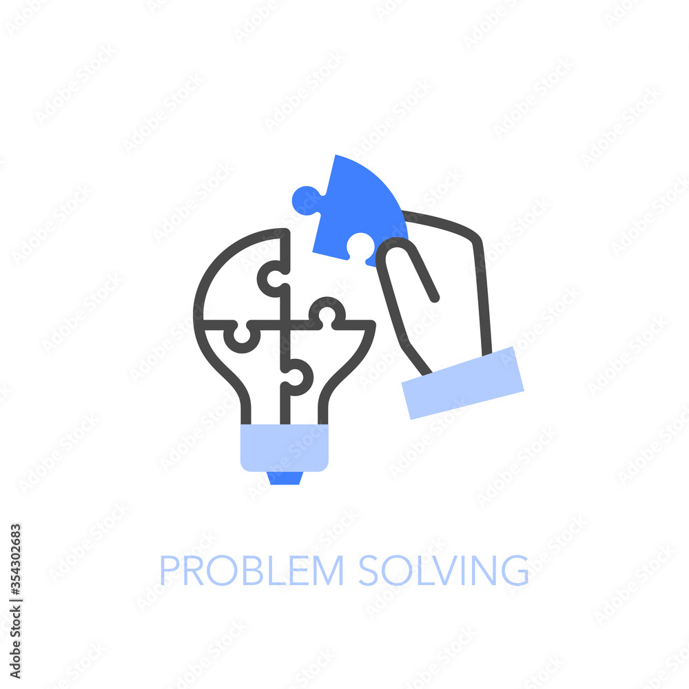 Poster Problem solving symbol with a puzzle light bulb and human hand. Easy to use for your website or presentation.
