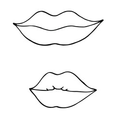 Lips, kiss, smile. Vector illustration in doodle style. Female mouth.