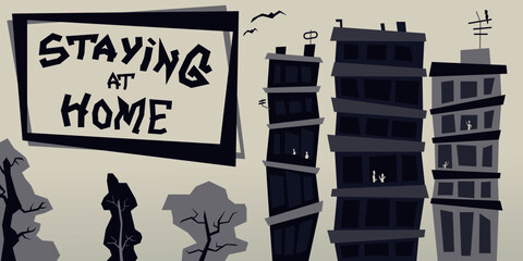 Multi-story houses in blue gray tones. Some trees and bird. Vector flat style