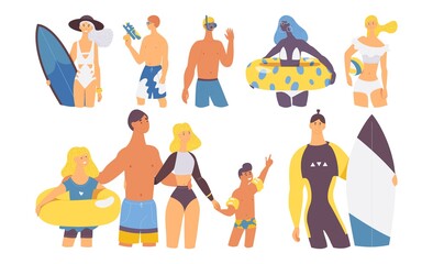 Summer vacation at sea and beach characters collection. Smiling young people and family with kids smiling in beachwear with outdoor activities like surfboard and inflatable ring