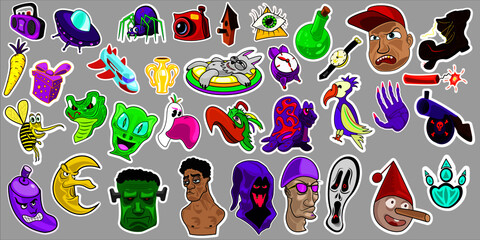Sticker pack, include: birds, human faces, graffiti, birds, turtle, dynamite, gun, spider, watch, potion, moon-head, snake, bee, cartoon characters and other stickers.