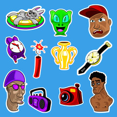 Pack of colorful stickers: human face, clock, cup, dynamite, alien, relaxing cat, camera.