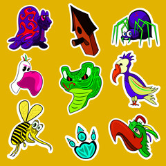 Cartoon sticker pack: birds, snake, birdhouse, turtle, bee, spider.