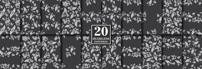 Set of 20 seamless vector patterns. Floral leaves motif for textile print, wrapping gift paper or web project. Repeating vector illustration.
