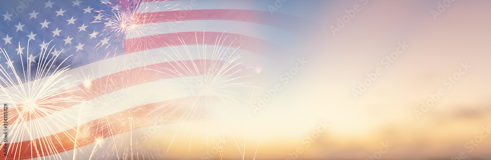 Wall mural celebration colorful firework on america flag pattern on sky background, red blue white strip concep