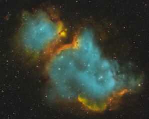 Mgławica Dusza w palecie HST. Jeden z najpiękniejszych obiektów na nocnym niebie. Mgławica wodorowa IC 1848 znajduje się w gwiazdozbiorze Kasiopei  - obrazy, fototapety, plakaty