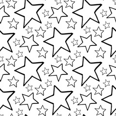 Seamless pattern with black-and-white doodle stars on white background. Vector image.