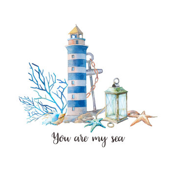 Nautical card. Coastal banner: vintage lantern, coral, lighthouse, anchor, sea starfish, rope. Isolated illustration on white background