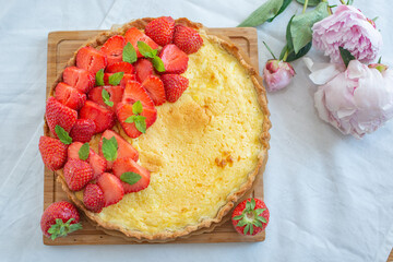 sweet home made strawberry vanilla tarte on a table